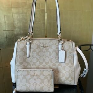 Coach Christie Beige and Cream Shoulder Bag and Wristlet Wallet Set. NWT
